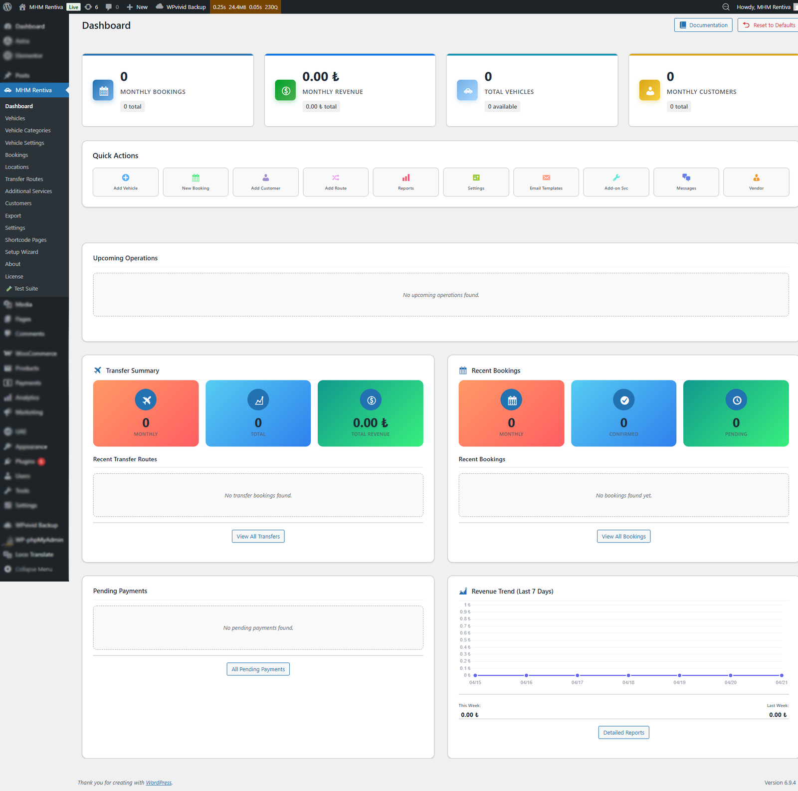 MHM Rentiva admin dashboard showing fleet bookings, revenue chart, and vehicle inventory